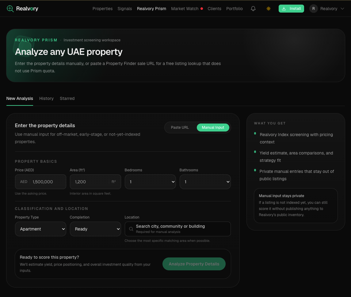 Realvory Analyzer property input form for entering UAE sale property details before analysis