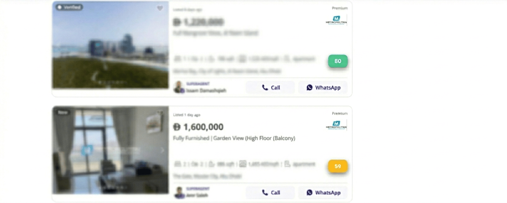 Realvory Chrome extension scores displayed alongside Property Finder UAE search results