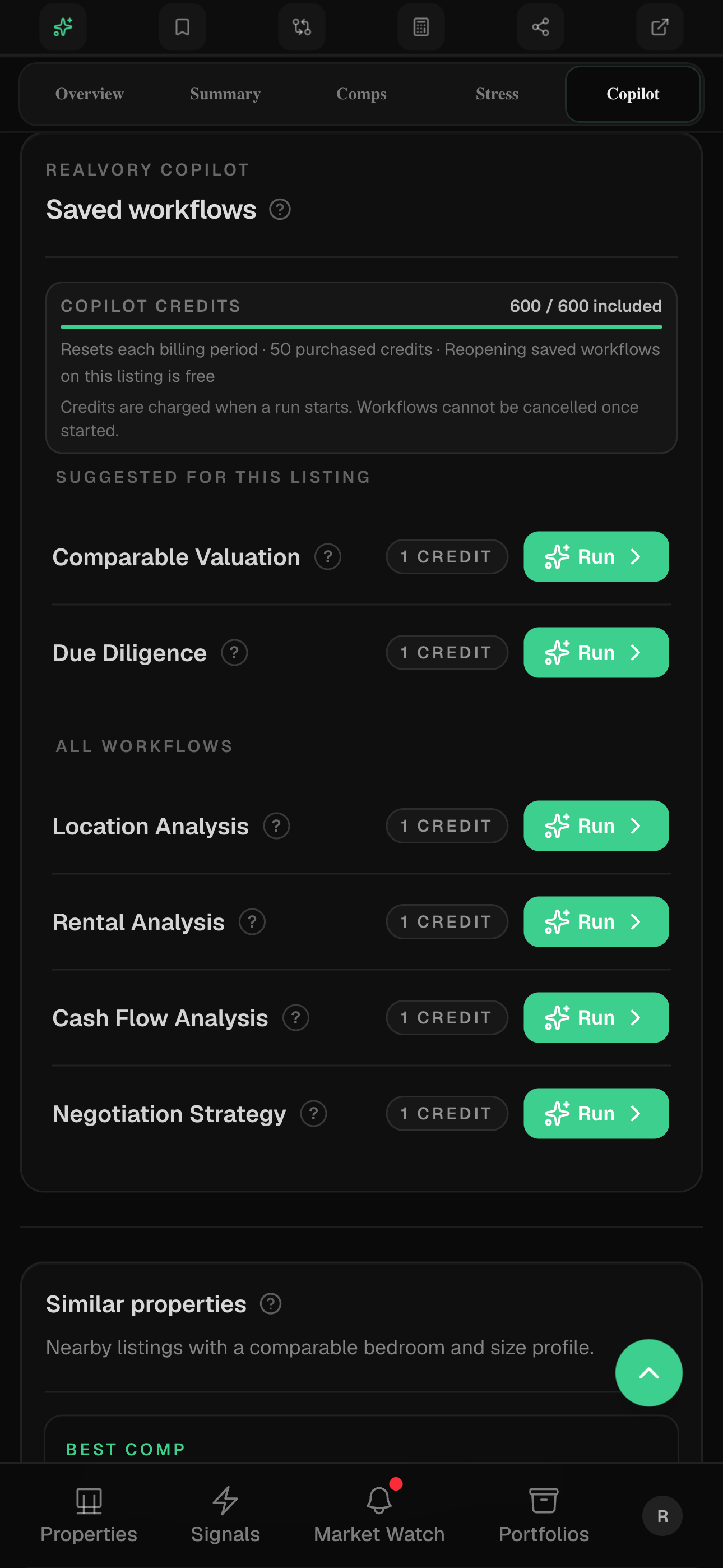 Realvory Sage workflow interface for AI-assisted property research and due diligence